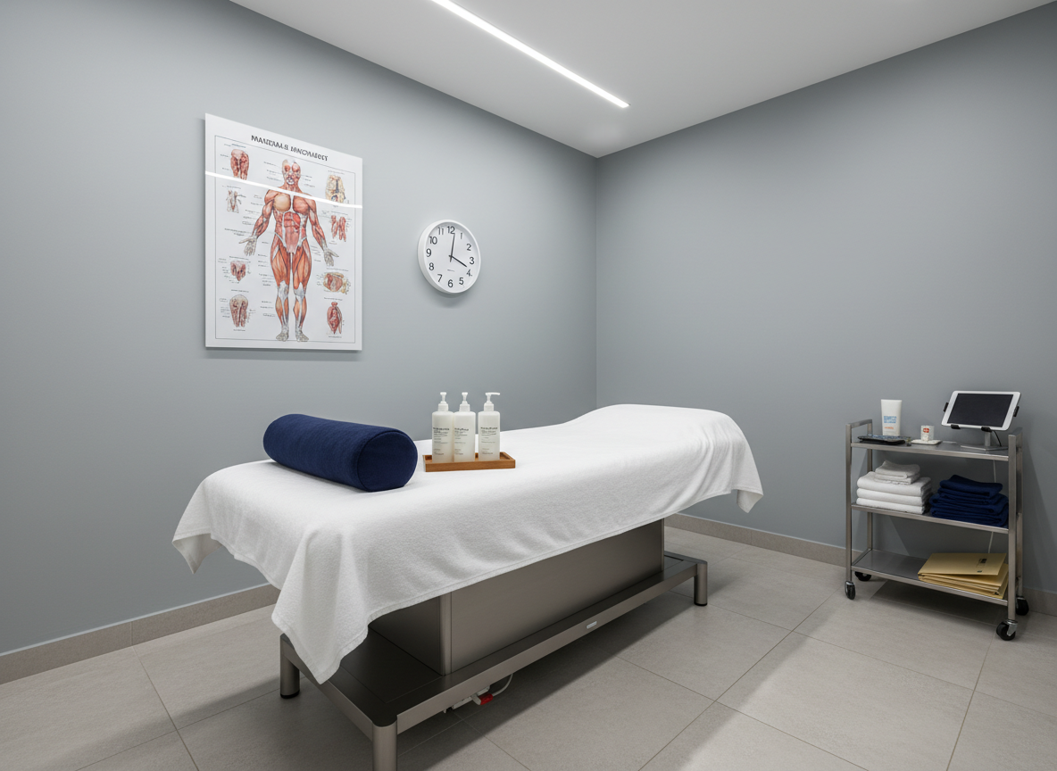 A high-end massage therapy room designed for clinical rehabilitation, featuring a central electric lift massage table with crisp white linens, a rolled navy bolster, and a small tray of unscented lotion bottles in medical-style pump containers. The walls are a calm, cool gray with a large, detailed poster of the muscular system and a discreet wall clock. Soft, even LED ceiling lights provide neutral, shadow-free illumination. In the background, a mobile cart holds folded towels, chart folders, and a digital tablet dock. Photographic realism from a wide, eye-level perspective, creating a calm yet distinctly medical atmosphere suitable for injured federal workers’ treatment.