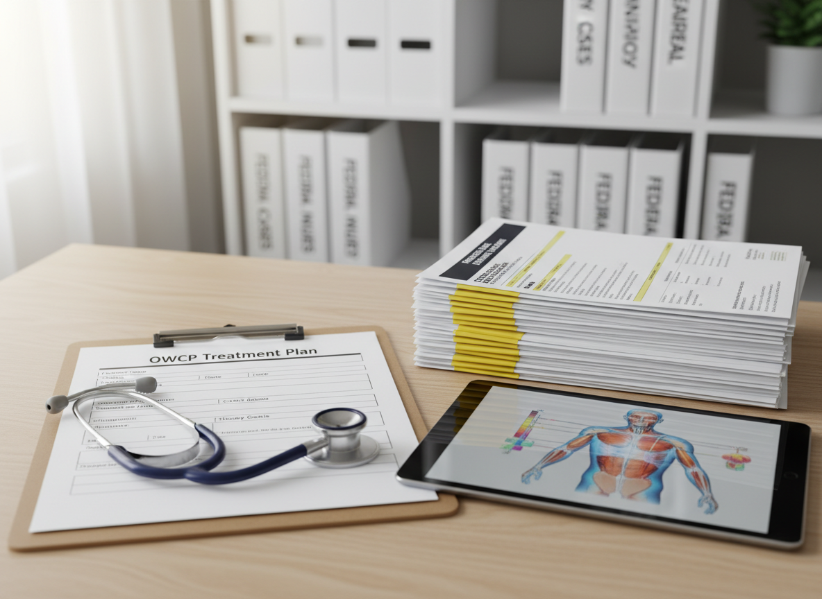 A close-up, photographic view of a professional clinical desktop setup: a stethoscope resting beside a clipboard labeled “OWCP Treatment Plan,” a neatly stacked pile of claim forms, and a tablet displaying a detailed musculoskeletal diagram. The items are arranged on a light wood desk with a subtle grain pattern in a bright, modern office. Soft diffused daylight from an unseen window highlights the edges of the paperwork and devices, creating gentle reflections. The background is softly blurred, showing orderly shelves with binders labeled “Federal Injury Cases.” Shot from a slightly elevated angle, the mood is organized, trustworthy, and highly professional, emphasizing meticulous documentation and rehabilitative care.