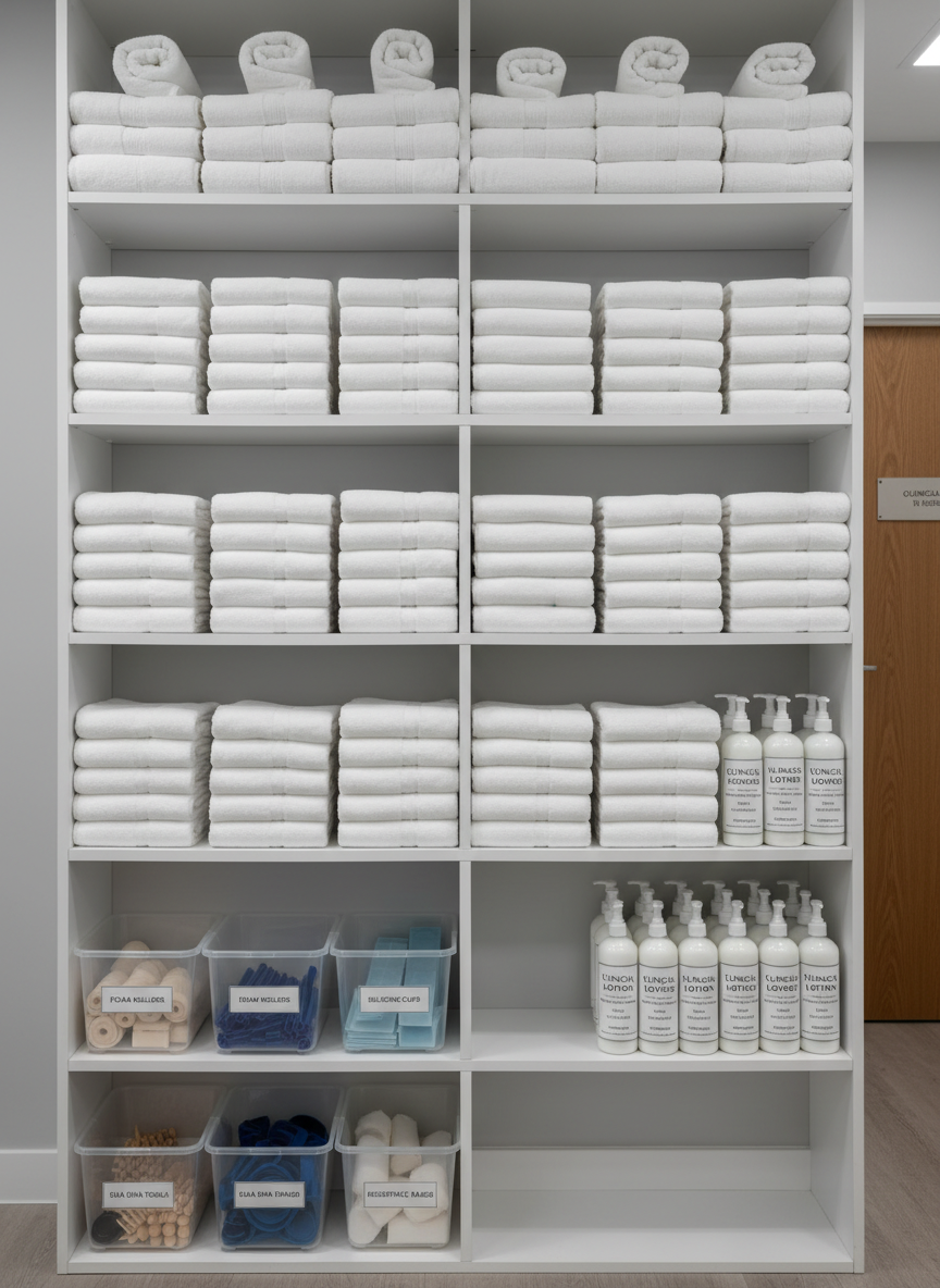 A meticulously organized shelf system in a rehabilitative massage clinic, filled with neatly folded white towels, labeled bins of therapeutic tools like foam rollers and silicone cups, and a row of identical, clear lotion bottles with printed clinical labels. The shelving is smooth white laminate, contrasting with a cool-toned, light gray wall. Overhead neutral lighting casts soft, uniform illumination, creating subtle shadows under each object. In the background, slightly out of focus, a closed treatment room door features a small sign reading “Clinical Massage In Session.” Photographic realism with a centered, straight-on composition, emphasizing order, cleanliness, and a professional medical environment.