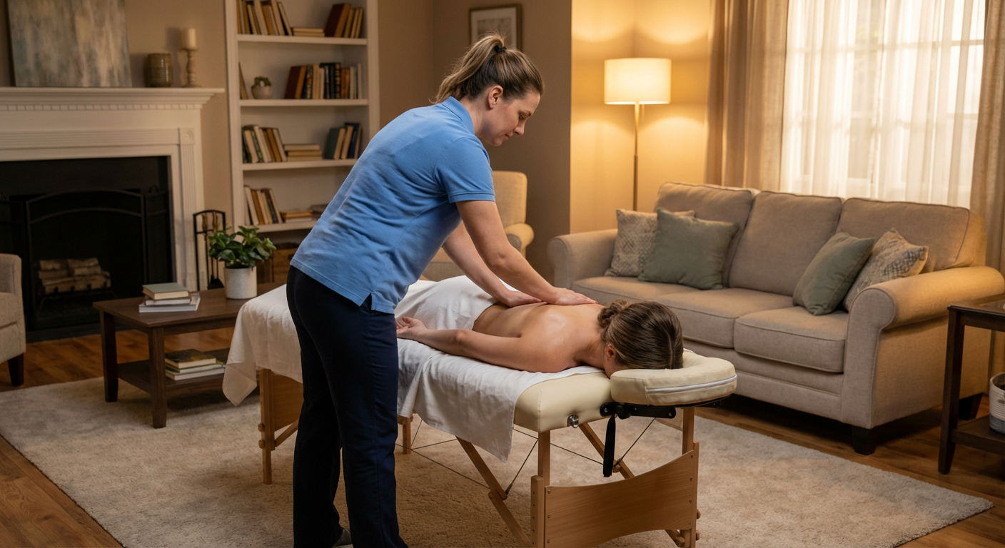 Professional massage therapist performing a back massage on a client in a living room.